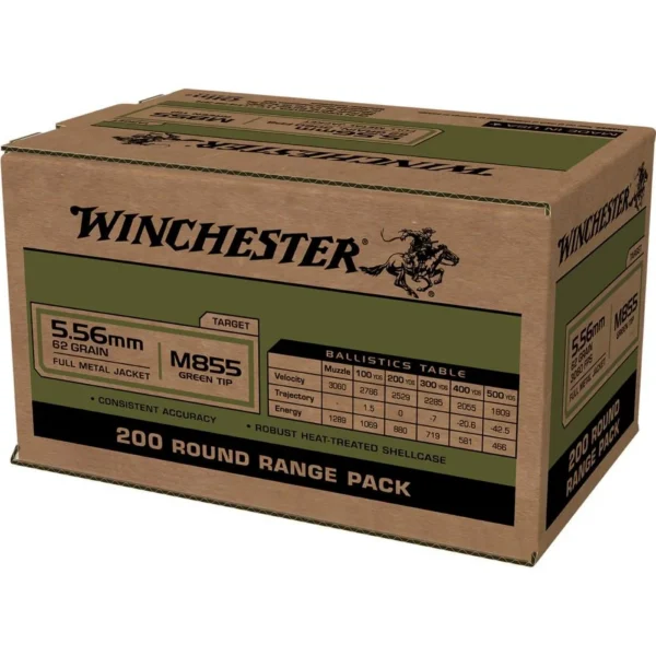 Winchester Ammunition Winchester USA Lake City M855 Green Tip Rifle Ammunition 5.56X45 NATO 62 gr. FMJ 3060 fps 200/ct