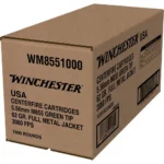 Winchester USA Lake City M855 green tip rifle ammunition, brown bulk carton in front view