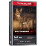 Winchester Varmint X Rifle Ammunition, black and red box with coyote artwork and cartridge graphic