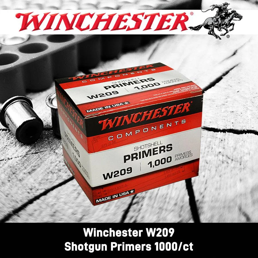 primary-22535 Winchester #209 Shotgun Primers, red and white W209 box on a wooden surface