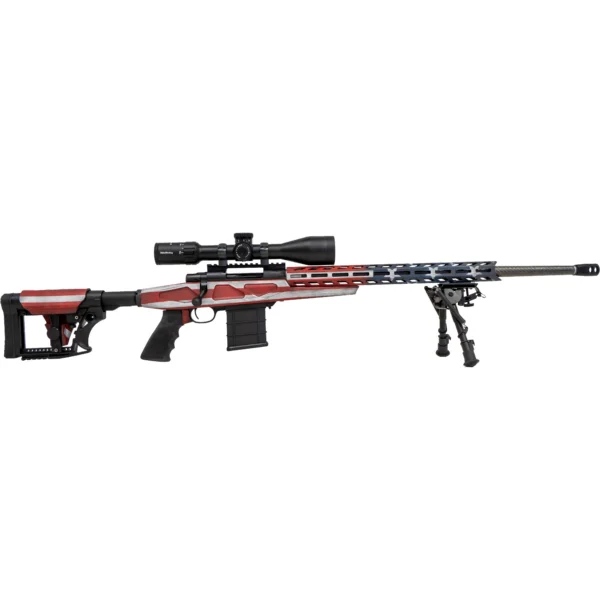 Legacy Sports International Howa M1500 Flag APC Chassis Rifle, red and black side view with bipod