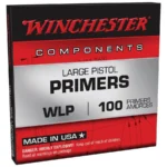 Winchester Large Pistol Primers, front view of black, red and white retail box