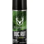 Hunters Specialties Inc. Buck Bomb BucRut Bomb green aerosol can, front view