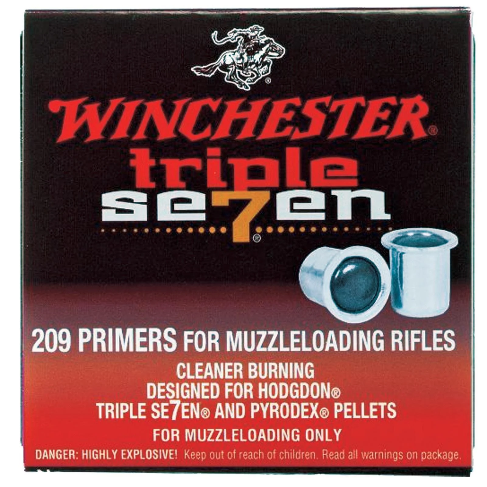 primary-22634 Winchester Triple Se7en 209 Muzzleloading Primers, front view of black and red package