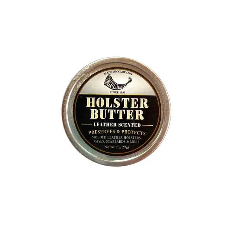 primary-22663 Hunter Holster Butter, round metal tin with black and gold label, front view