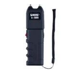 Sabre 2-in-1 Tactical Stun Gun, black front view with wrist strap and top contacts