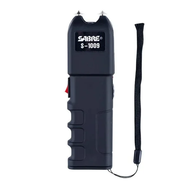 Sabre 2-in-1 Tactical Stun Gun, black front view with wrist strap and top contacts