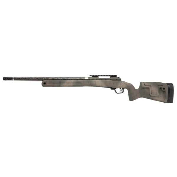 Savage 110 Pro Pursuit Rifle, right-side view with earth-tone camo stock and black web pattern