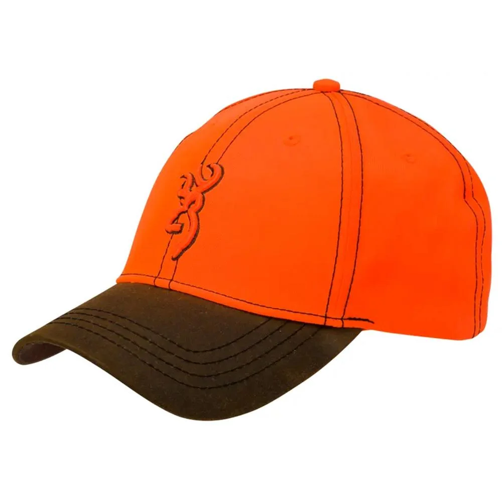 primary-22773 Browning Clothing Opening Day men's cap, front view in blaze orange with brown bill