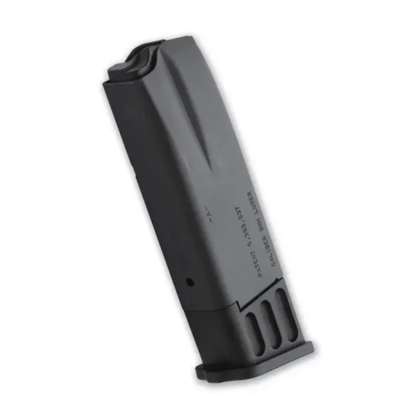 Browning Hi-Power magazine, black angled side view with baseplate and witness hole
