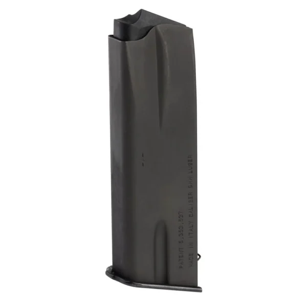 Browning Hi-Power handgun magazine, black side view with metal body, feed lips and baseplate