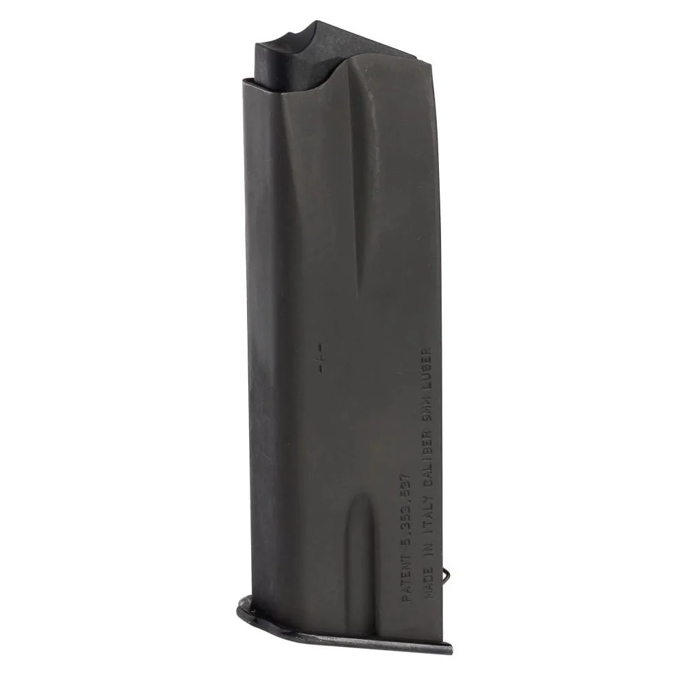 primary-22784 Browning Hi-Power handgun magazine, black side view with metal body, feed lips and baseplate