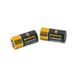 Browning CR123A 3V Stick two black and gold batteries, angled side view