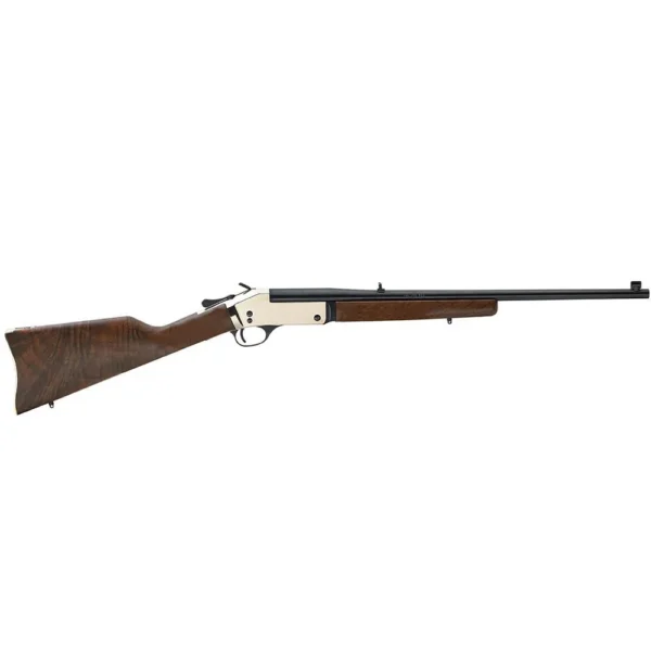 Henry Brass Single Shot rifle right-side view with walnut stock, brass receiver and black barrel