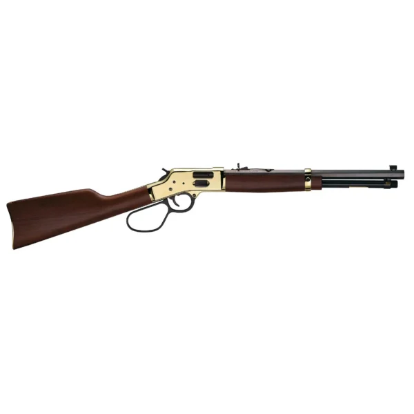Henry Big Boy Brass Side Gate Rifle side view with brass receiver, dark barrel and walnut stock
