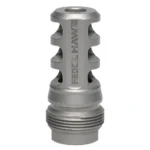 Browning Xeno Recoil Hawg stainless muzzle brake, side view with ports and threaded base