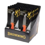 Browning Sharp Ridge Knife Display 12 Pack, black retail display with packaged orange-handled knives