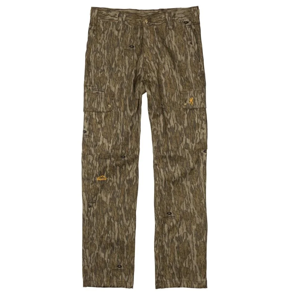 primary-22957 Browning Wasatch Pant, front view in brown and green Mossy Oak Bottomland camouflage