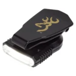 Browning Night Seeker 2 Cap Light, angled top view in black with gold deer logo, clip and clear lamp