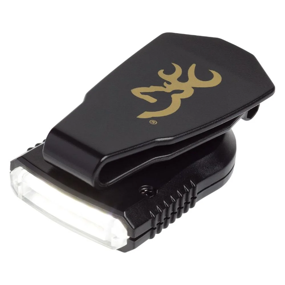 primary-22960 Browning Night Seeker 2 Cap Light, angled top view in black with gold deer logo, clip and clear lamp
