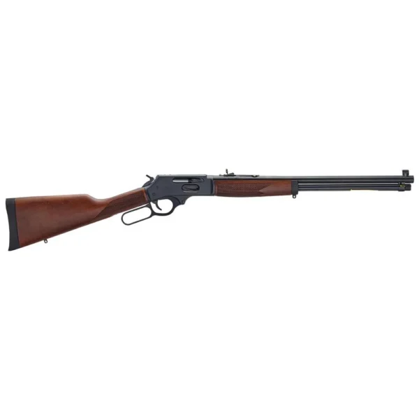 Henry Steel Lever Action Side Gate Rifle, right-side view with walnut stock and black barrel