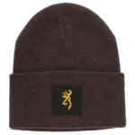 Browning Beanie - Still Water Gray, front view with folded cuff and Browning logo patch