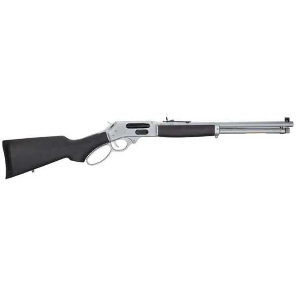 Henry All-Weather Lever Action Side Gate Large Loop Rifle, side view with black stock and silver receiver