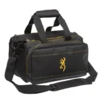 Browning Black and Gold Mini Range Bag, front view with carry handles, shoulder strap and gold logo