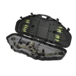 Plano Bow Max PillarLock Protector Bow Case, open black case holding a camo compound bow and arrows