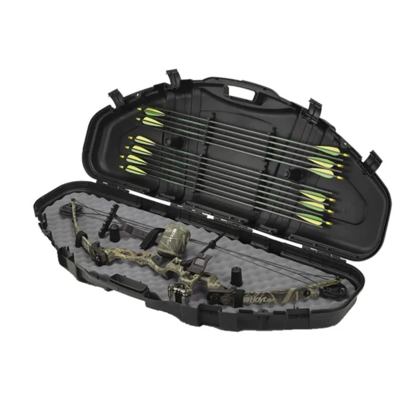 Plano Bow Max PillarLock Protector Bow Case, open black case holding a camo compound bow and arrows