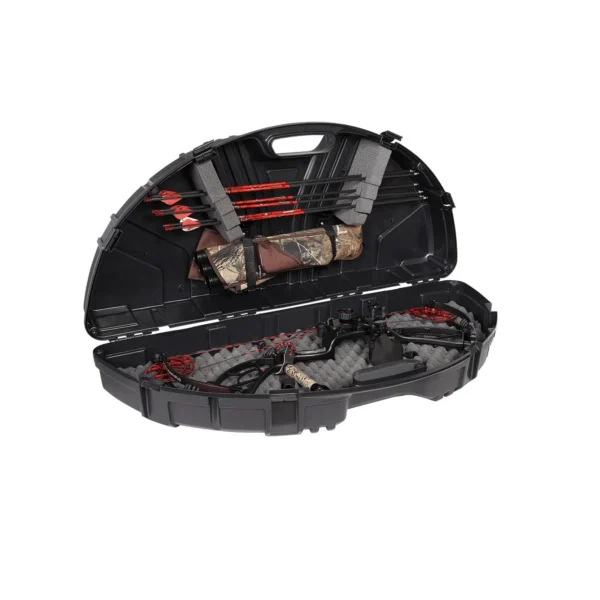 Plano SE Series Bow Case, open black case with compound bow and arrows inside