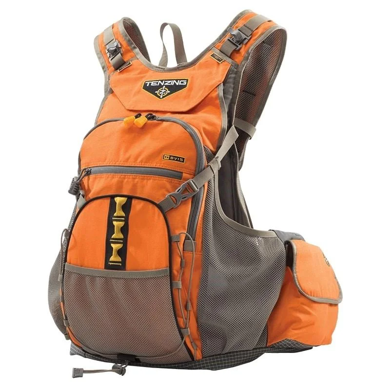 primary-23203 GSM Tenzing TZ BV16 blaze orange and gray bird vest, front angled view with pockets