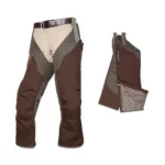 Gsm Tenzing Upland Chaps M/L brown and tan chaps, front and folded rear views