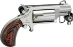 North American Arms NAA MINI REVOLVER silver right-side view with wood grip and belt buckle