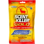 Wildlife Research Scent Killer Gold, yellow and red detergent strips pouch shown from front
