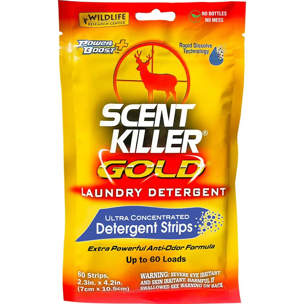 primary-23248 Wildlife Research Scent Killer Gold, yellow and red detergent strips pouch shown from front
