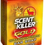Wildlife Research Scent Killer Gold Bar Soap, orange and yellow retail box in angled front view