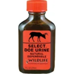 Wildlife Research Select Doe Urine Lure, front view of brown bottle with orange cap and label