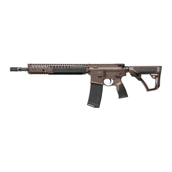 Daniel Defense M4A1 Mil-Spec+ brown rifle, right-side view with black magazine and adjustable stock