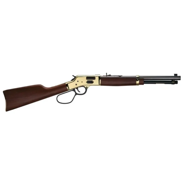 Henry Big Boy Brass Carbine Side Gate Rifle, left-side view with walnut stock and brass receiver