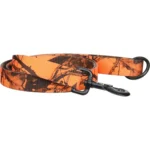 Omnipet Nylon Dog Lead, blaze orange camo coiled view with black clip and metal ring