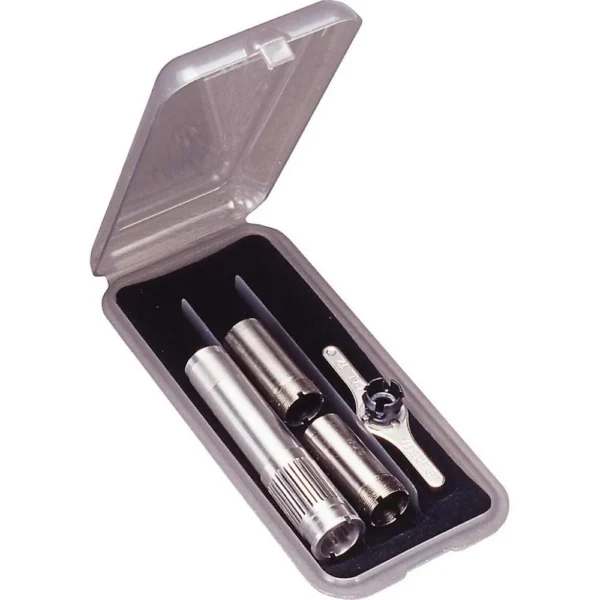 MTM Choke Tube Case, open clear smoke case holding metal tubes in black foam