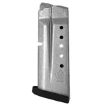 Smith & Wesson Shield magazine, front angled view with silver body and black baseplate