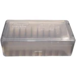 MTM .38/.357 Mag 50-Round Slip Top ammo box, smoke-grey translucent front view
