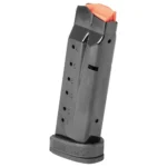 Smith & Wesson M&P Shield X magazine, angled front view with black body and orange follower