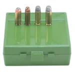 MTM P-64 Series Handgun Ammo Box, green closed case with four cartridges standing on top