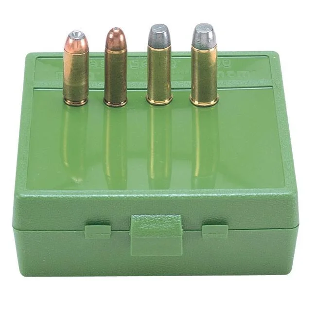 primary-23404 MTM P-64 Series Handgun Ammo Box, green closed case with four cartridges standing on top