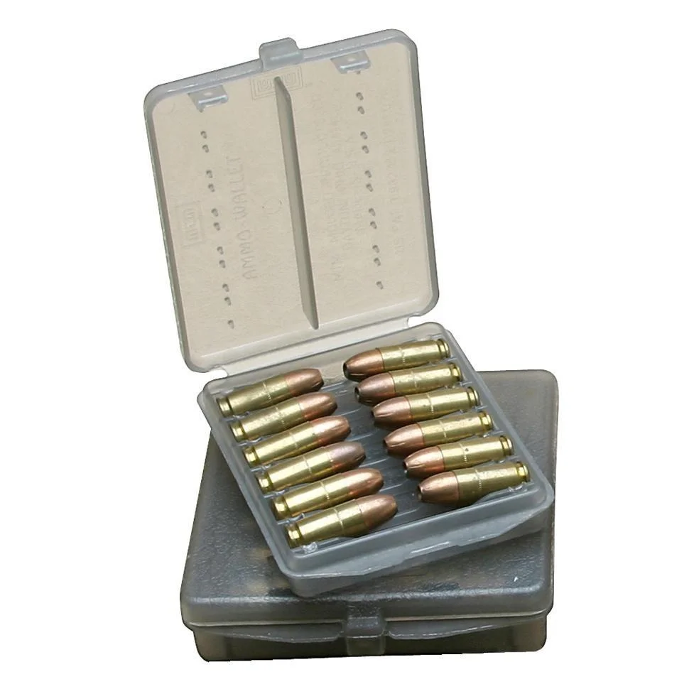 primary-23405 MTM 18 Rounds Case-Gard Ammo Wallet, open clear smoke case holding cartridges