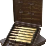 MTM Case-Gard Rifle Ammo Wallet, open brown case holding nine brass cartridges