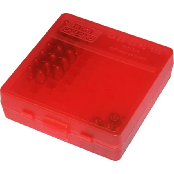 MTM Flip Top Ammo Box, translucent red closed box in angled top view
